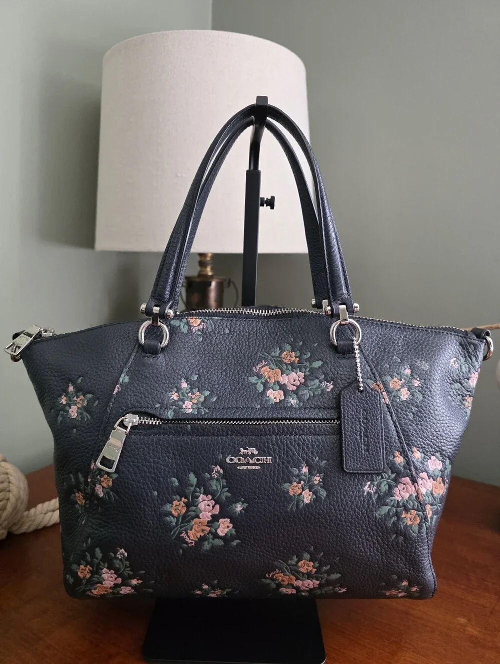 Coach 91603 Prairie Satchel Rose Bouquet Navy Pebbled Leather Crossbody Bag